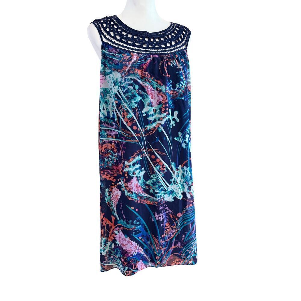 SOMA sheer sleeveless layered dress abstract design with knit neck womens large